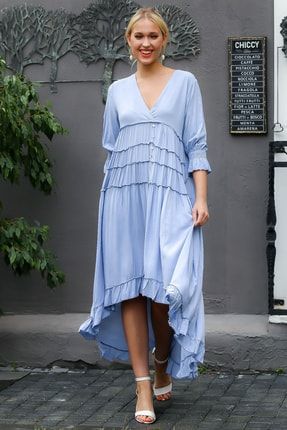 Kadın Mavi İtalyan V Yaka Süs Düğmeli Volanlı Kat Kat Önü Kısa Arkası Uzun Elbise M10160000EL93288