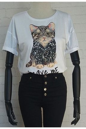 Taşlı Kedi Baskılı T-shirt bytgby19896184-30