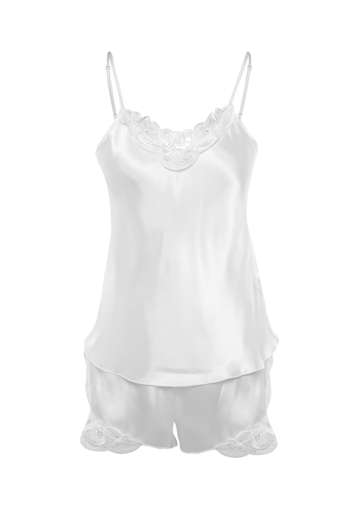 Trendyol Collection-Ecrufarbenes, gewebtes Pyjama-Set aus Spitze mit Seilträgern und Satin-Shorts THMAW21PT0843 18