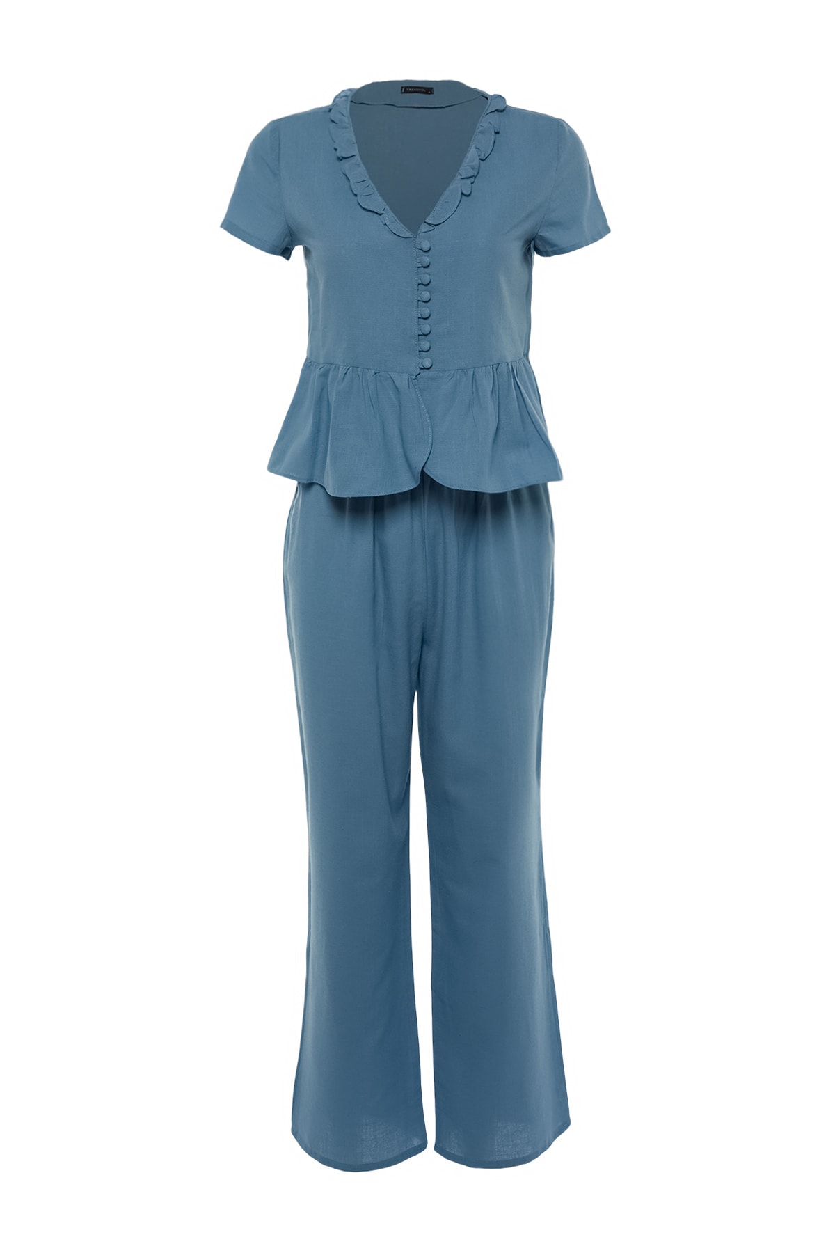 Trendyolmilla  Mavi Fırfırlı T-shirt-Pantolon Viskon Dokuma Pijama Takımı THMSS20PT0095 - Görsel 7