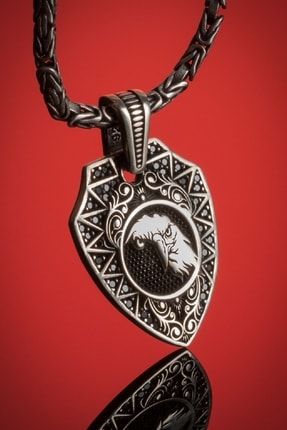 Erkek 925 Ayar Gümüş Kalkan Tasarım Kartallı Kolye Mini Siyah Taşlı Kral Zincirli PTK-502-04