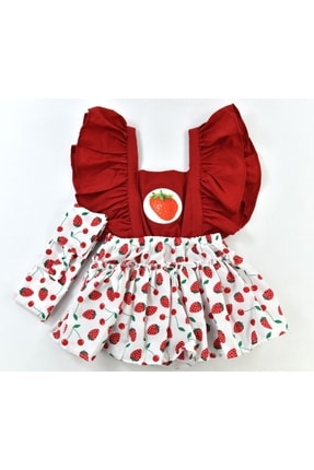 Kırmızı Kız Bebek Elbise Modelleri Bandanalı Tatlı Meyveler Çocuk Elbise Kıyafetleri 624myve