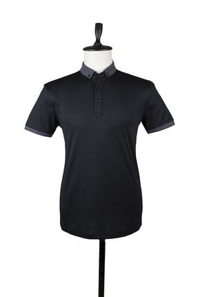 Erkek Siyah Kısa Kol Merserize Polo Yaka Slim Fit Dar Kesim Casual T-shirt 1011220113