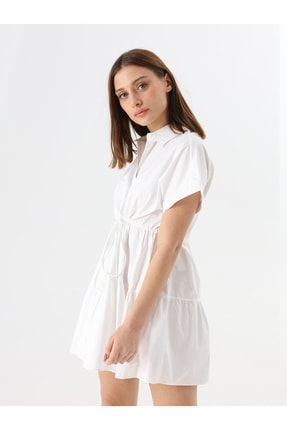 Bel Büzgülü Beyaz Gömlek Elbise BZGL-ELBS-0658
