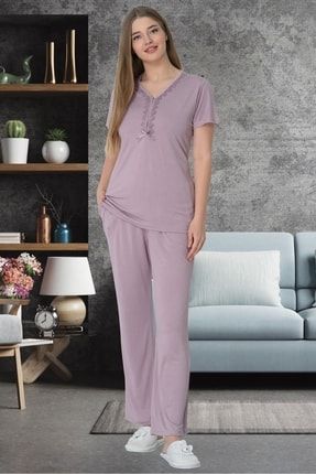 Kadın Gül Kurusu Büyük Beden Kısa Kollu Pamuk Penye Pijama Takımı 5640
