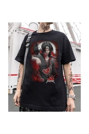Unisex Siyah Anime Naruto Oversize T-shirt tişört-naruto-desenli-itachi