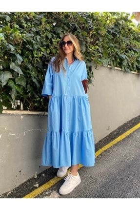 Katlı Mavi Oversize Elbise GFA097
