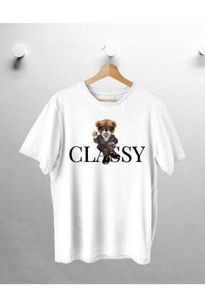 Unisex Glassy Bear Baskılı Beyaz Oversize T-shirt GLASSYBEYAZ