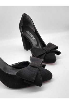 10cm Fiyonklu Siyah Süet Topuklu Ayakkabı NSP-62_0