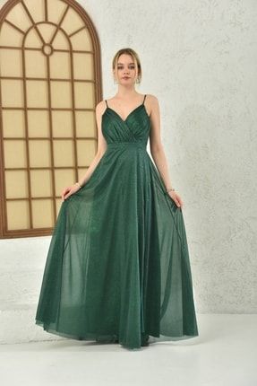 Kadın Zümrüt Drape Detaylı Simli Yırtmaçlı Askılı Abiye Ve Gece Elbisesi Simyrtmçelb011
