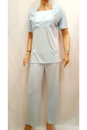 Kadın Mavi Çift Taraflı Açılabilen 4'er Çıtçıtlı Lohusalık Pijama Takım 6631513854