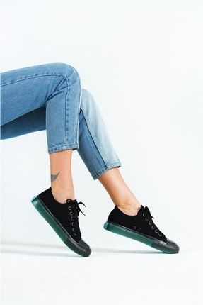 Kadın Siyah Mavi Tabanlı Günlük Keten Ayakkabı Sneaker CNVRS07