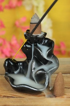 Tütsülük Geri Akışlı Şelale Model Siyah Gümüş Gölgeli 1 Adet Konik Tütsü & 1 Adet Çubuk Tütsü Hediye MC-1867