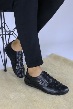 Erkek Hakiki Deri Siyah Tabana Dikişli Yazlık Ayakkabı OV-1150