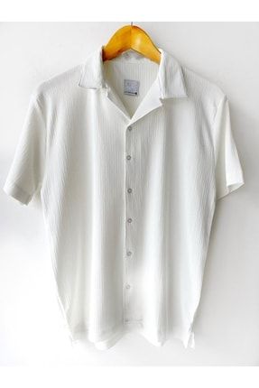 Beyaz Erkek Oversize Gömlek Yaka Kısa Kollu Pamuklu Gömlek 10480