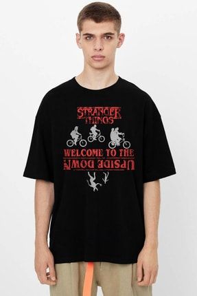 Bisikletli Stranger Things Siyah Oversize Kısa Kollu Erkek T-shirt 1M1XM020AS