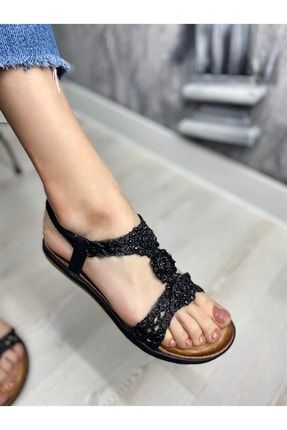 Yumuşak Taban Örgü Kadın Sandalet - Siyah CAN-000572