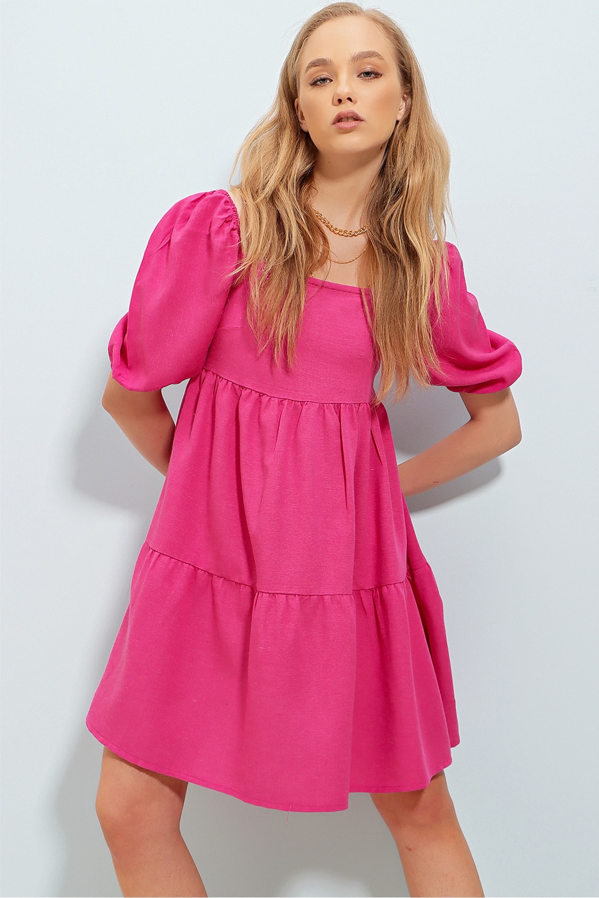 Trend Alaçatı Stili Kleid Rosa Smock-Kleid Fast ausverkauft