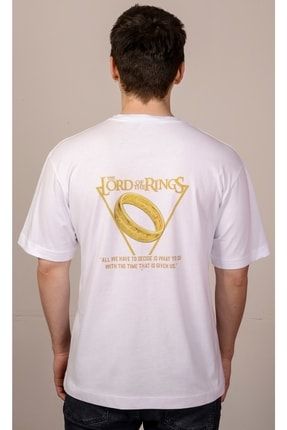 Beyaz Oversize Pamuklu Lord Of The Rings Yüzüklerin Efendisi Baskılı Kısa Kollu T-shirt SLOTR0001
