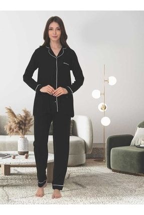 Kadın Siyah Önden Düğmeli Uzun Kollu Hamile Lohusa Effort Pijama Takımı 8097