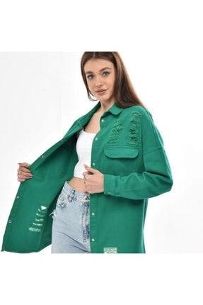 Kadın Yeşil Boyfriend Oversize Eskitmeli Denim Jeans Kot Ceket PYBTKC3000