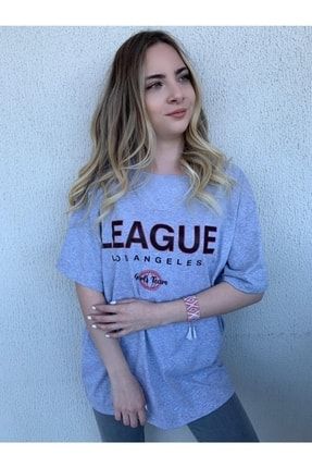 League Baskılı Gri Oversize Kadın Tshirt LBBGOBT-784