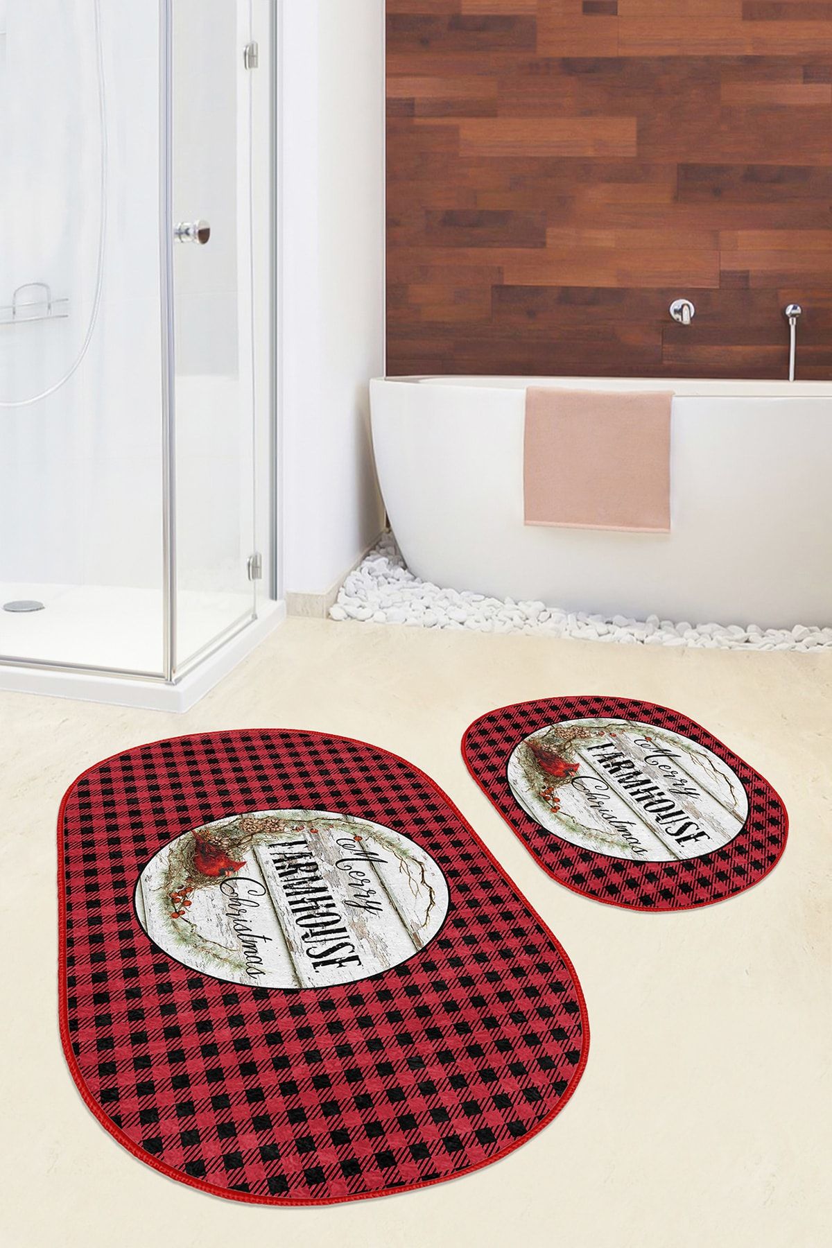 Realhomes-Red Black Plaid Christmas Themed 2-Piece Oval Kitchen Mat Set & Bathroom Rug Set 3