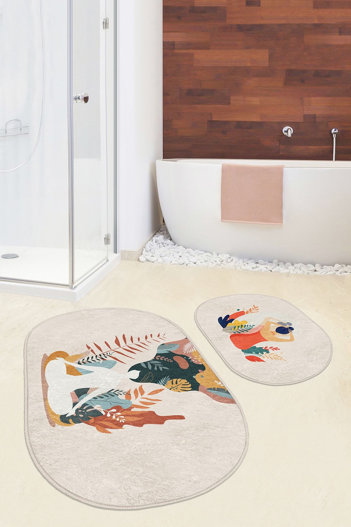 Realhomes Yoga Kadın Motifli Özel Tasarım 2'li Oval Mutfak Paspas Takımı &amp; Banyo Paspas Takımı OH10461