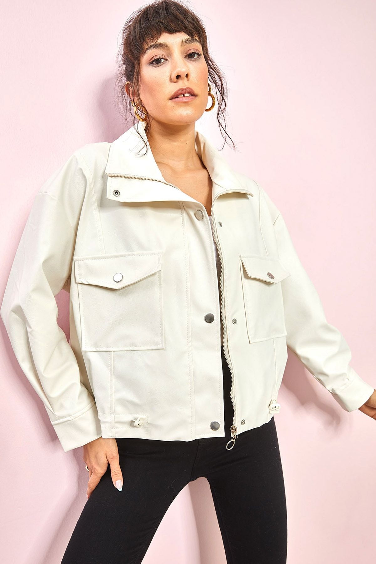 Bershka pocket front utility on sale denim jacket in beige