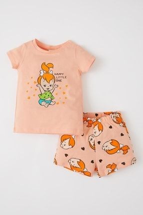 Kız Bebek Taş Devri Pamuklu Kısa Kollu Şort Pijama Takım X8934A222SM