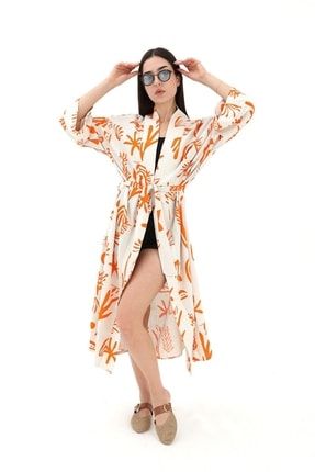 Baskılı Keten Kimono Turuncu 20221037