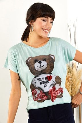 Kadın Viskon Tişört Mint Ayıcık Baskılı Oversize T-shirt KVT001