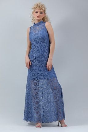 Indigo Kadın Dantelli Astarlı Uzun Balık Abiye Elbise P-038924