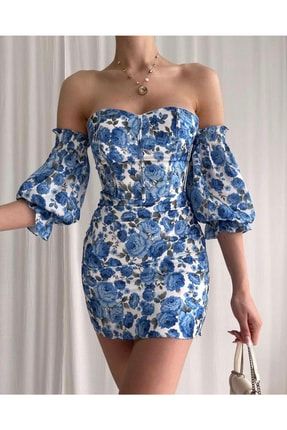 Mavi Çiçekli Omzu Açık Prenses Kol Mini Elbise 2119