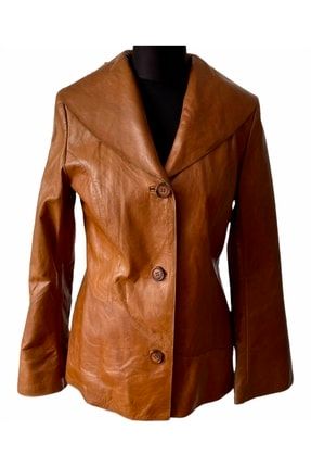 Hakiki Keçi Derisi Düğmeli Konyak Rengi Kadın Ceket A0339