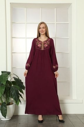 Kadın Mürdüm Nakış Işlemeli Düz Maxi Viskon Elbise 2055