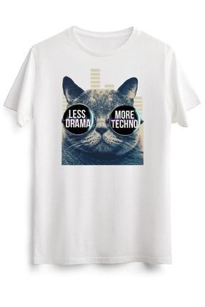Unisex Beyaz Tişört Less Drama More Techno Tshirt Techno Beats Sunglasses Cat Essential MR2273