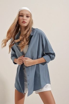 Indigo Mavi Oversize Uzun Basic Gömlek G562310