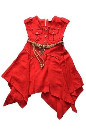 Kız Çocuk Kırmızı Kemerli Asimetrik Kesim Elbise TRALL3281035