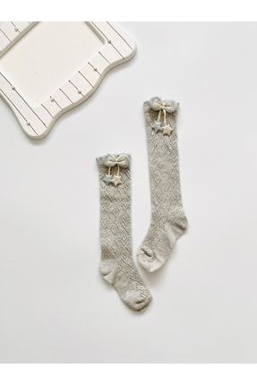 Kız Bebek Çocuk Fiyonklu File Dizaltı Çorap-gri LAL