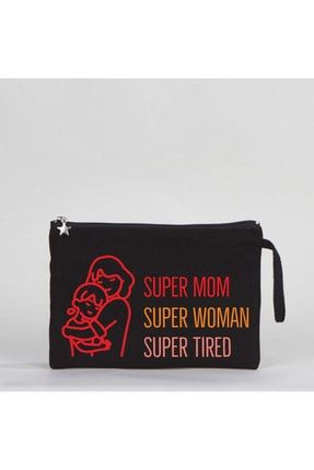 Süper Mom Siyah Clutch Çanta, 25x18 Cm Astarlı Kanvas Çanta, Anne Hediyesi TE-02-MOM