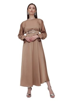 Kadın Camel Yarasa Kol Kemerli Saten Elbise 22-1YB0461