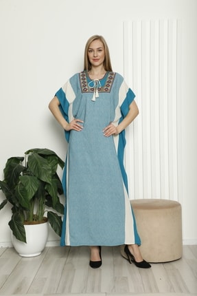 Mavi Püsküllü Süzene Nakışlı Garnili Yazlık Panço Elbise 2107