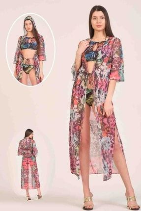 Kadın Kimono Bağlamalı Desenli Uzun Tül Pareo P-06 LFM00586