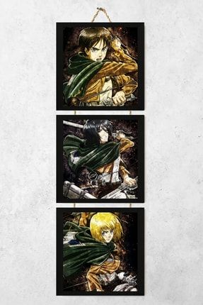 Attack On Titan Anime 3'lü Ipli Hediyelik Dekoratif Tablo Seti (50x15) Tontilika-k3-106