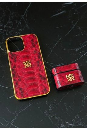 - Kırmızı Yılan / Piton Derisi Altın Kenar Detaylı Iphone 12 Ve 12 Puro Uyumlu Deri Kılıf 6690225561956122