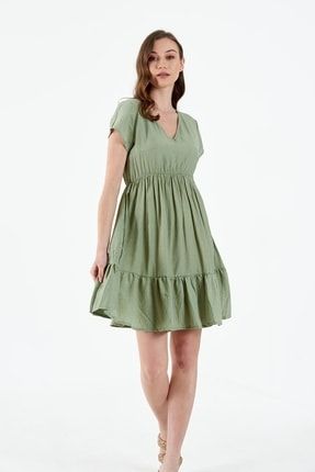 Kadın Yeşil V Yaka Kısa Kol Rahat Kesim Mini Elbise PRA-5735255-060832