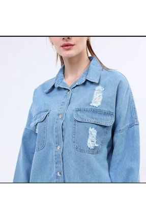 Kadın Mavi Boyfriend Oversize Eskitmeli Denim Jeans Kot Ceket A36-011