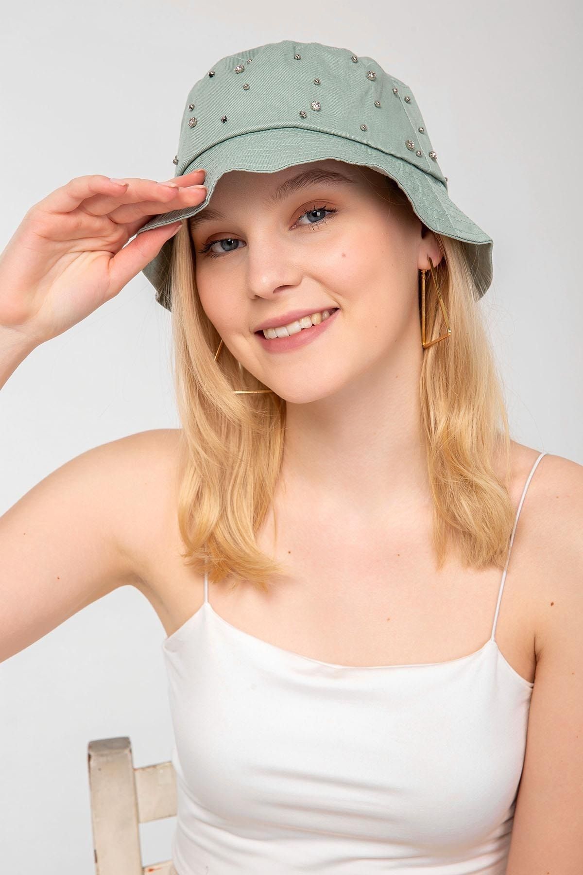 Saria Moda-Mint Green Bucket Hat with Stones on It 3