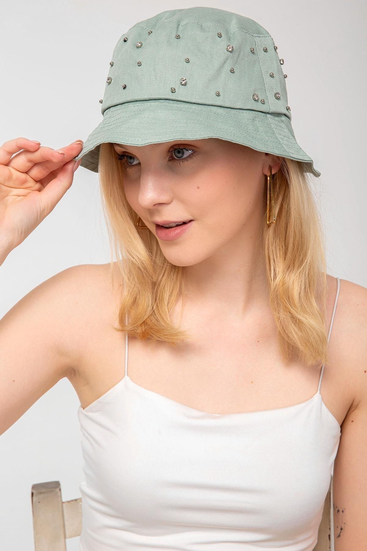 Saria Moda-Mint Green Bucket Hat with Stones on It 4